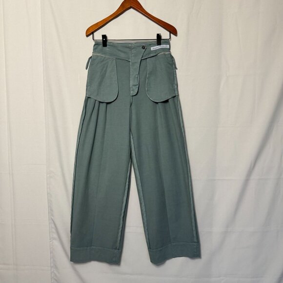 Peserico Sage Green Pleated Wide Leg Gaberdine Tan Silver Hardware Belted Pants - Picture 11 of 16